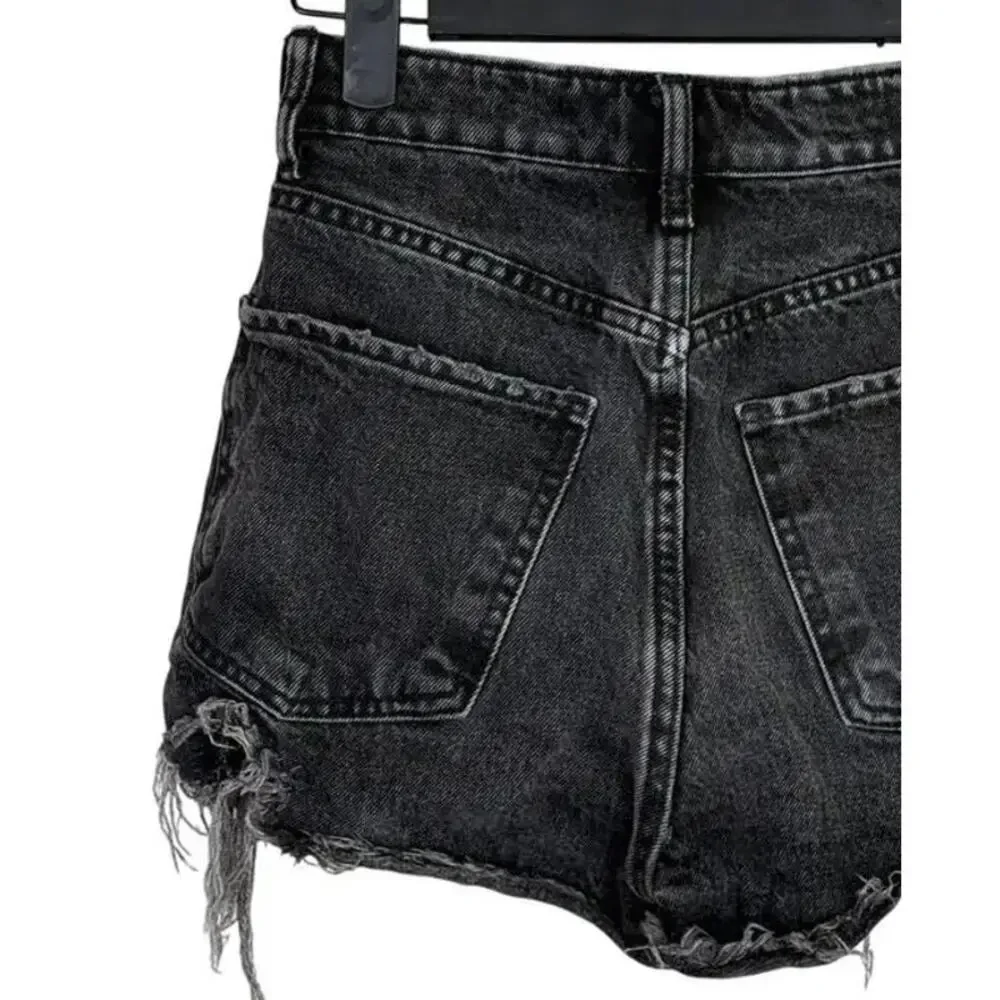ZARA Cutoff Distressed Jean Shorts Raw Ripped Hem High Rise Pockets 0 Wash Black